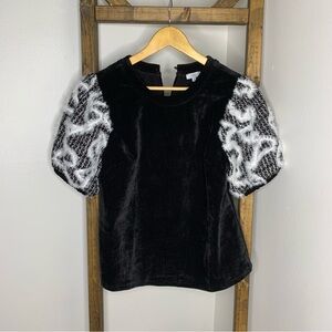 VOY Black Velvet Top with Patterned Sleeves Size S